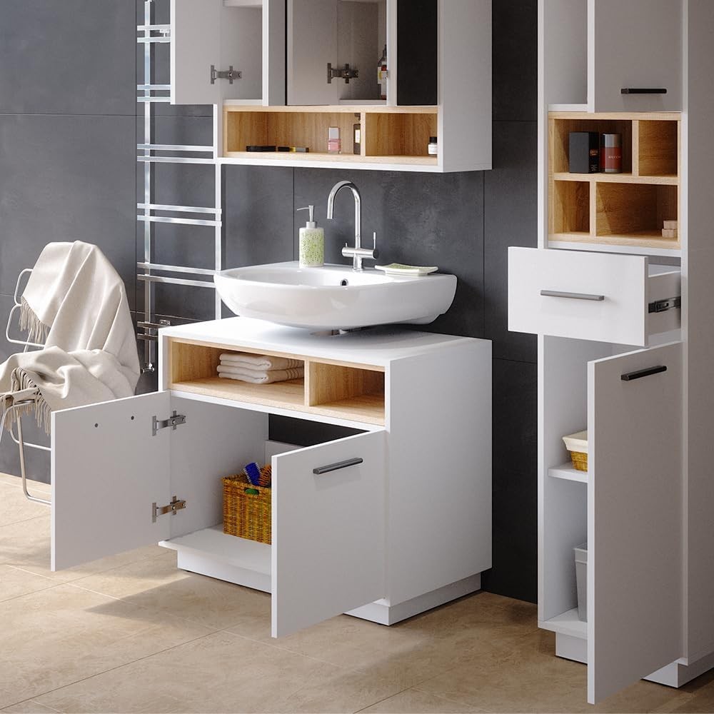 White Bathroom Sink Cabinet Vanity Storage Unit with Oak Shelves 80x64cm