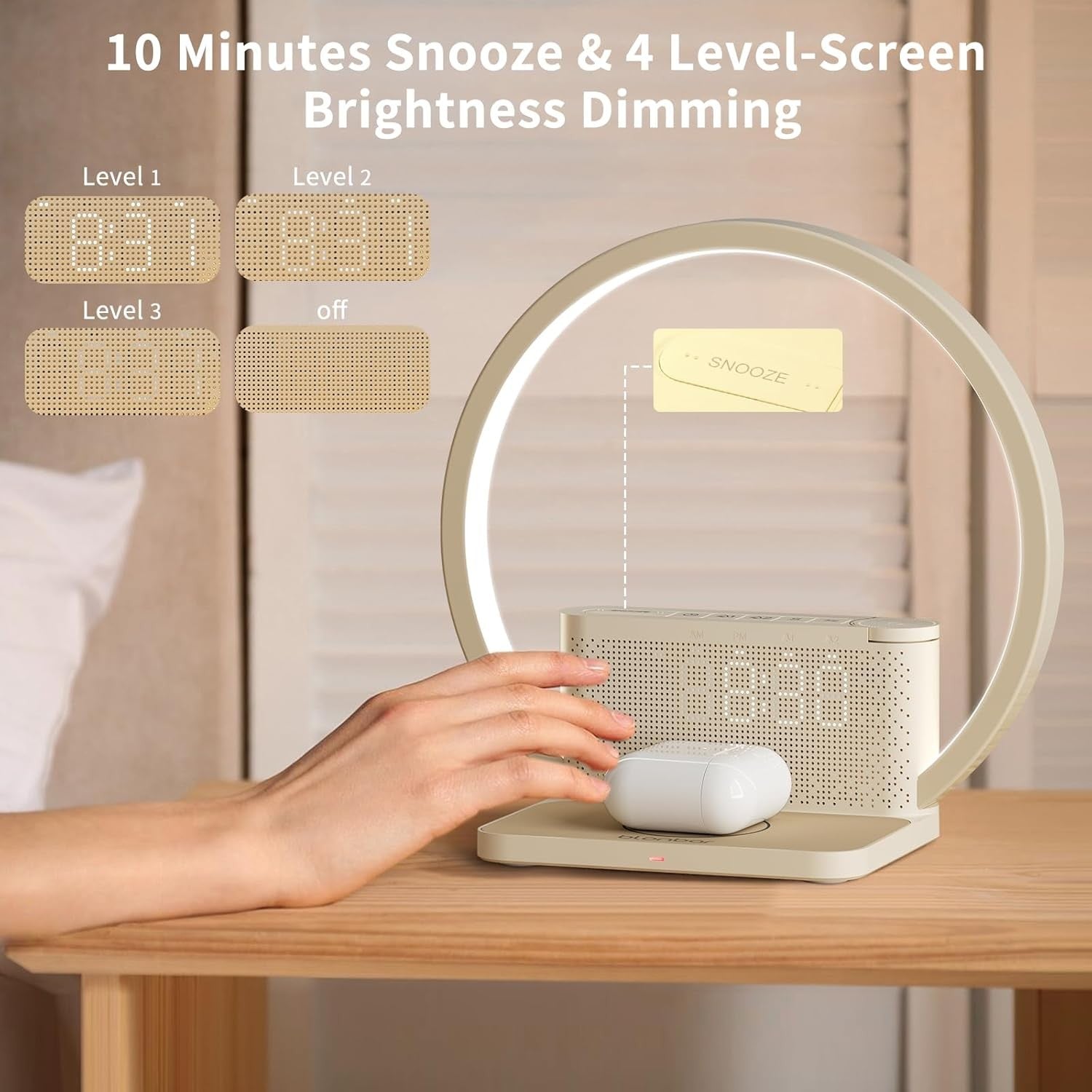 Bedside Wake Up Lamp Alarm Clock Wireless Charger Touch Dimmable Light