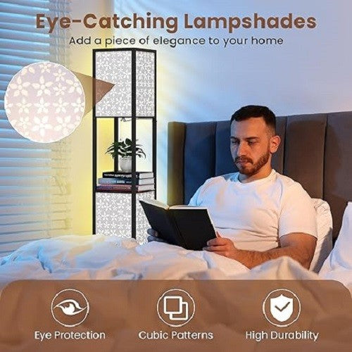 Floor Lamp with Shelves Storage Standing Light Flower Shade Reading Lamp