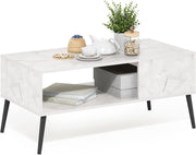 Mid Century Marble White Coffee Table with Wood Legs & Storage 100x50cm