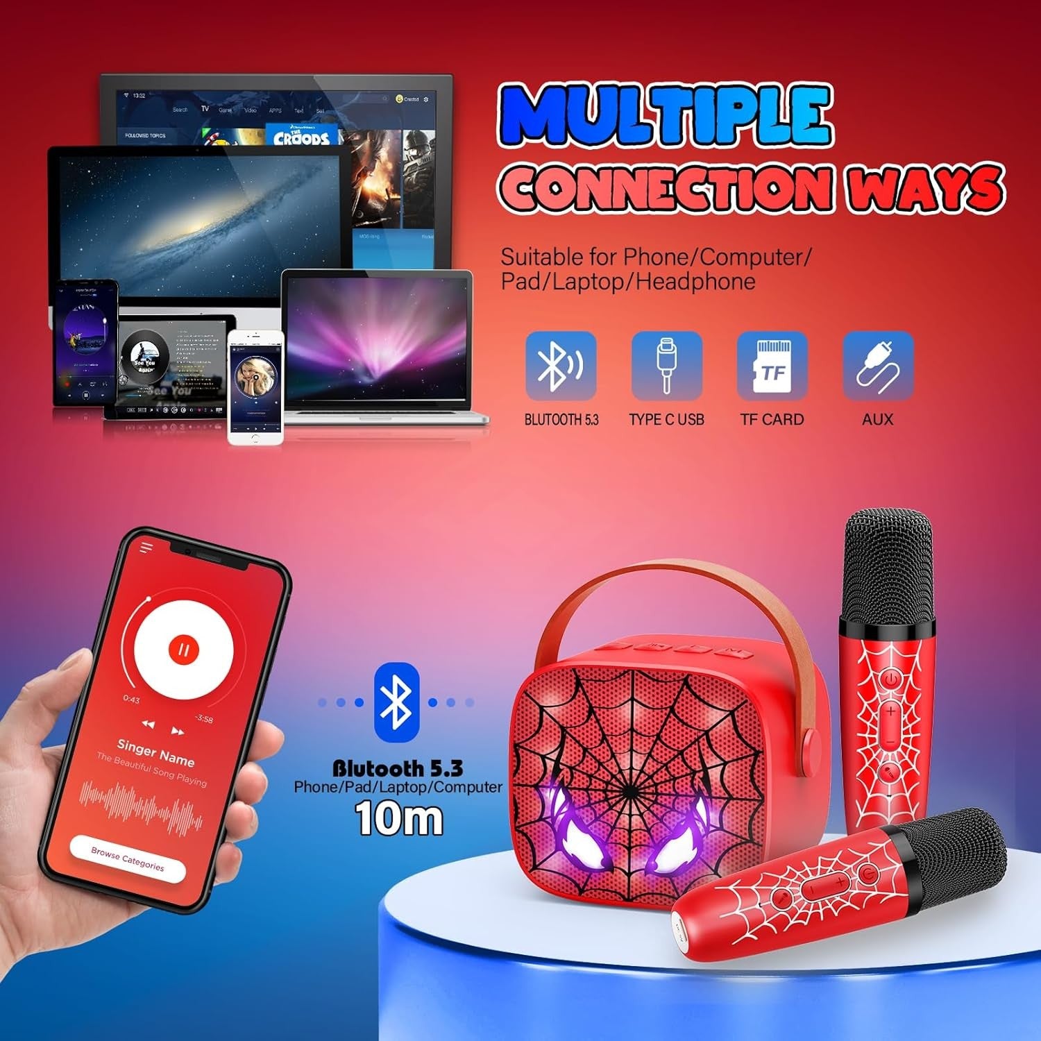 Kids Karaoke Machine 2 Wireless Bluetooth LED