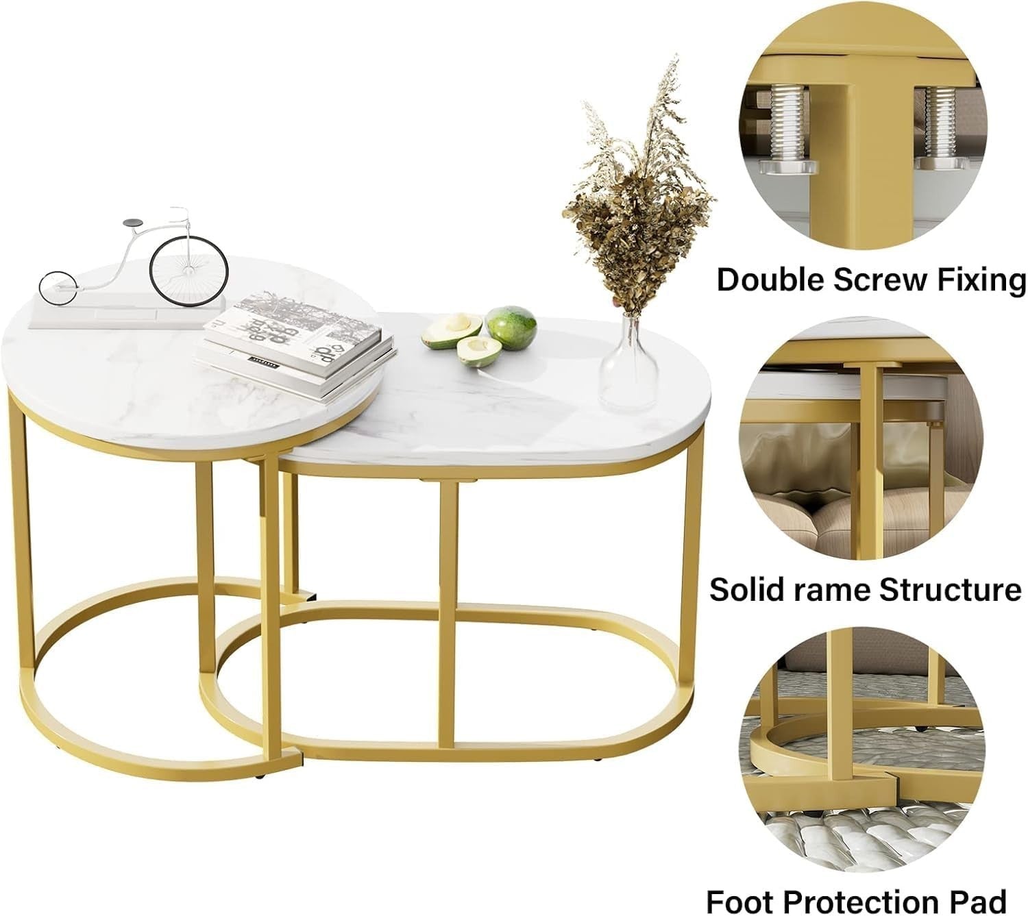 2-Piece Nesting Coffee Tables Set Marble Top Metal Frame Space Saving