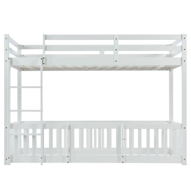 3FT White Kids Bunk Bed with Fence Door Solid Wood Frame Safety Ladder Playzone