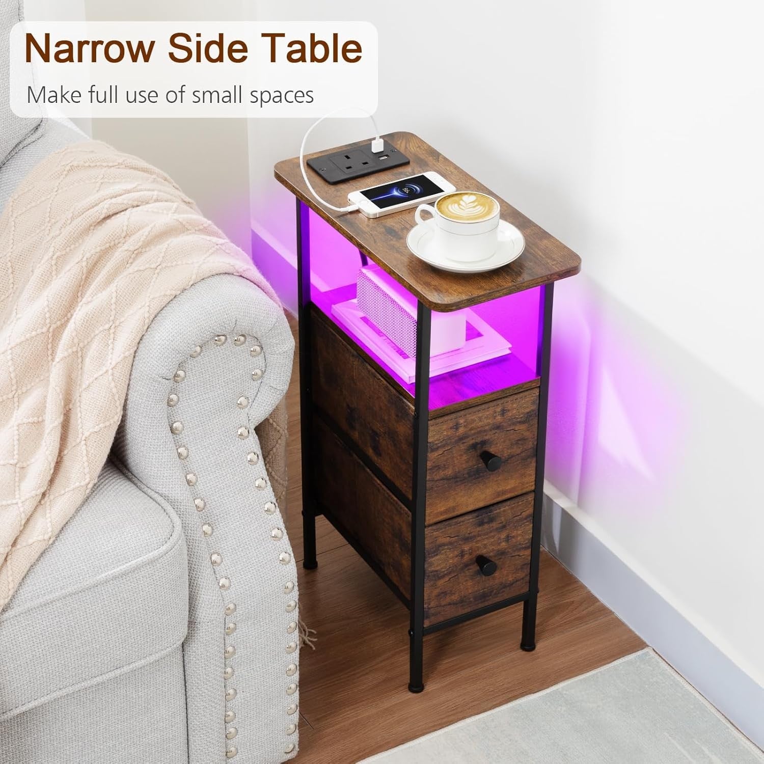 Slim LED Bedside Table with Charging Station, 2 Drawers & Shelf Rustic Brown