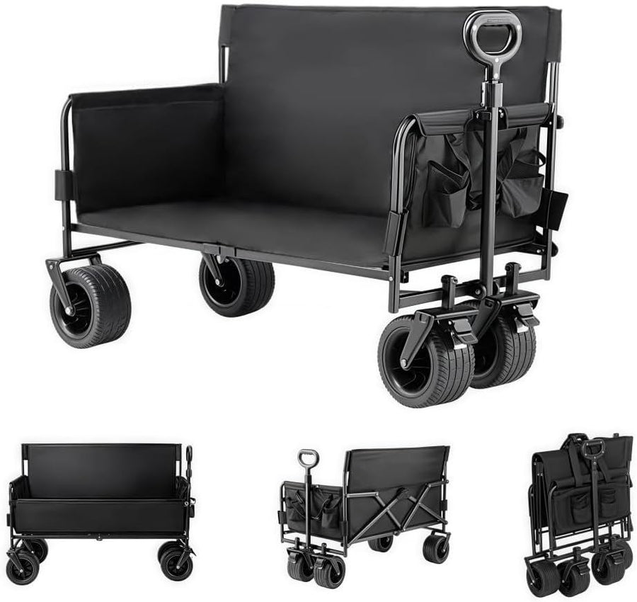 150L Folding Festival Wagon 445lbs Heavy Duty Cart w/ All-Terrain Wheels Black
