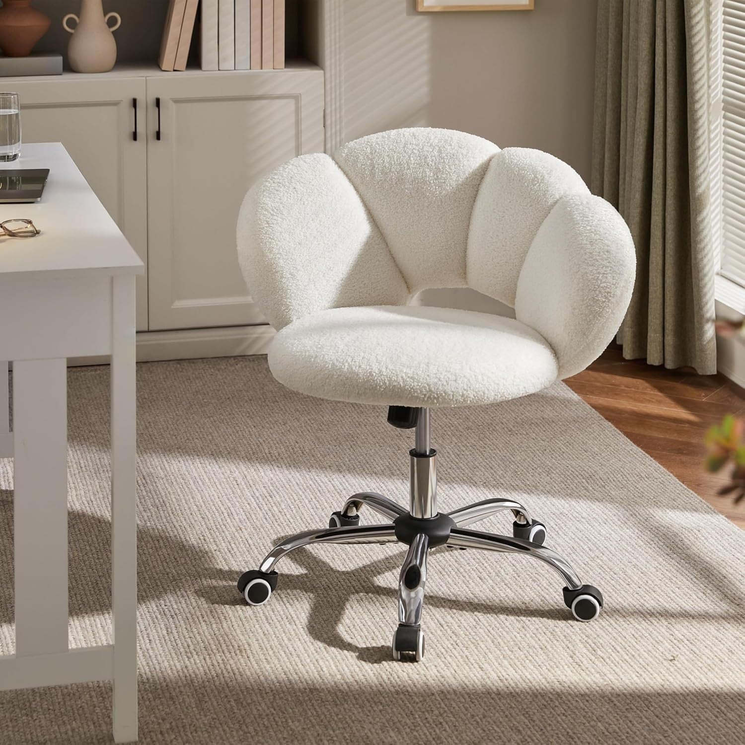 White Boucle Cloud Vanity Chair Swivel Adjustable Desk Chair with Wheels