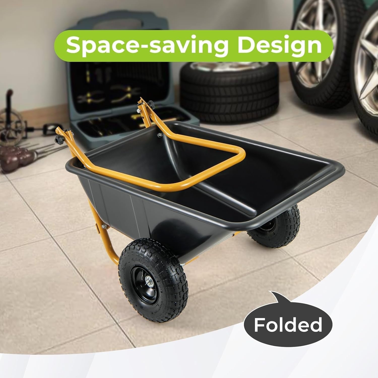 80L 2-Wheel Wheelbarrow Black+Yellow – Pneumatic Tyres w/ Adj Handle 100kg Cap