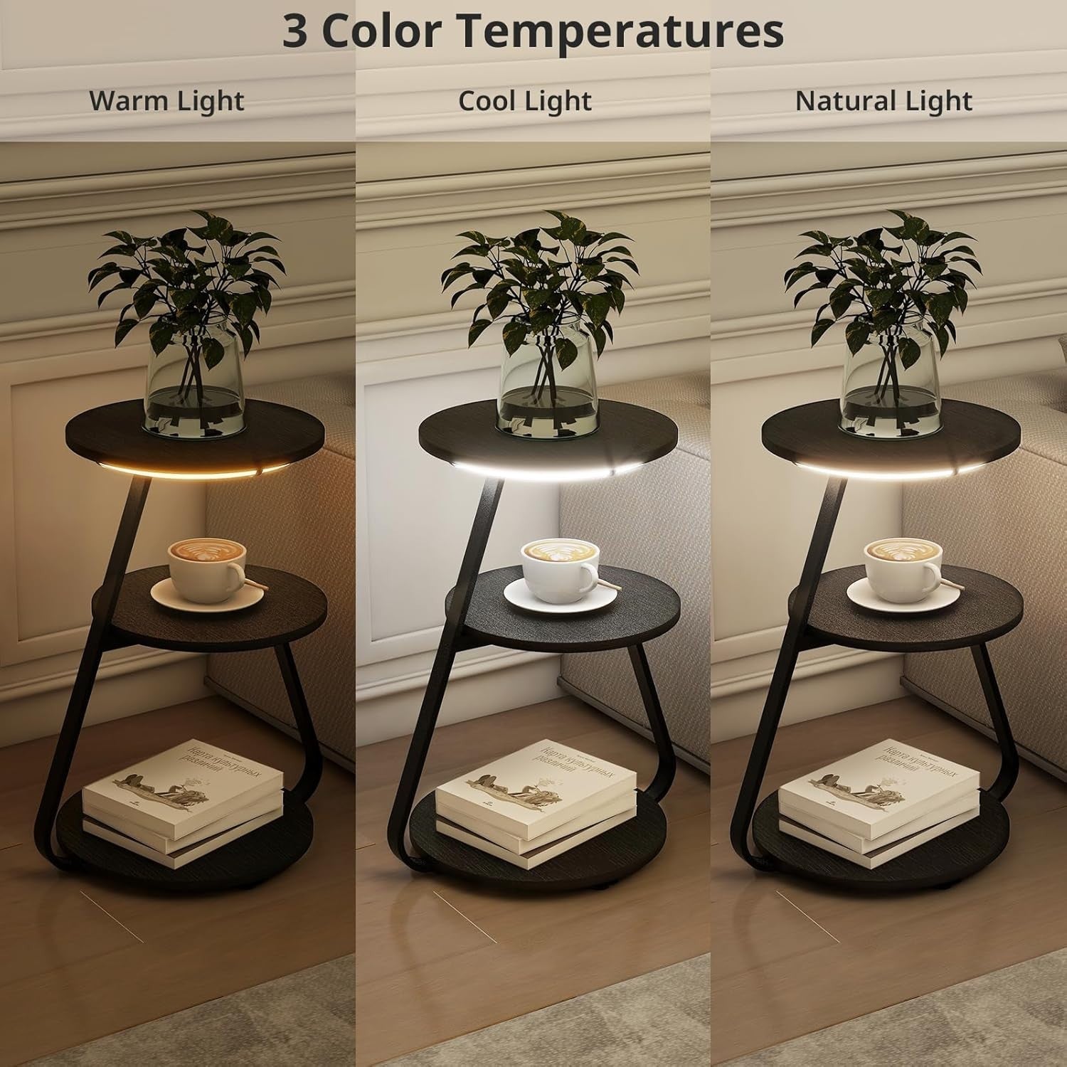 LED Round Side Table with Storage – 3 Tier Bedside Coffee Table Black
