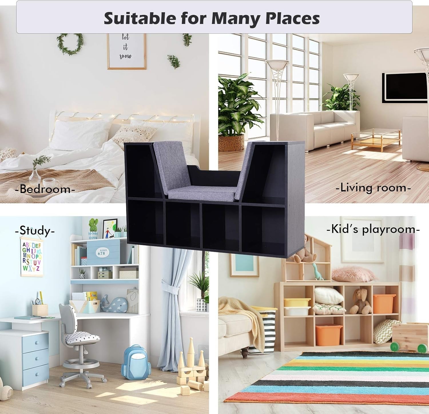 Bookcase with Cushioned Reading Seat 6 Cube Storage Bench Black