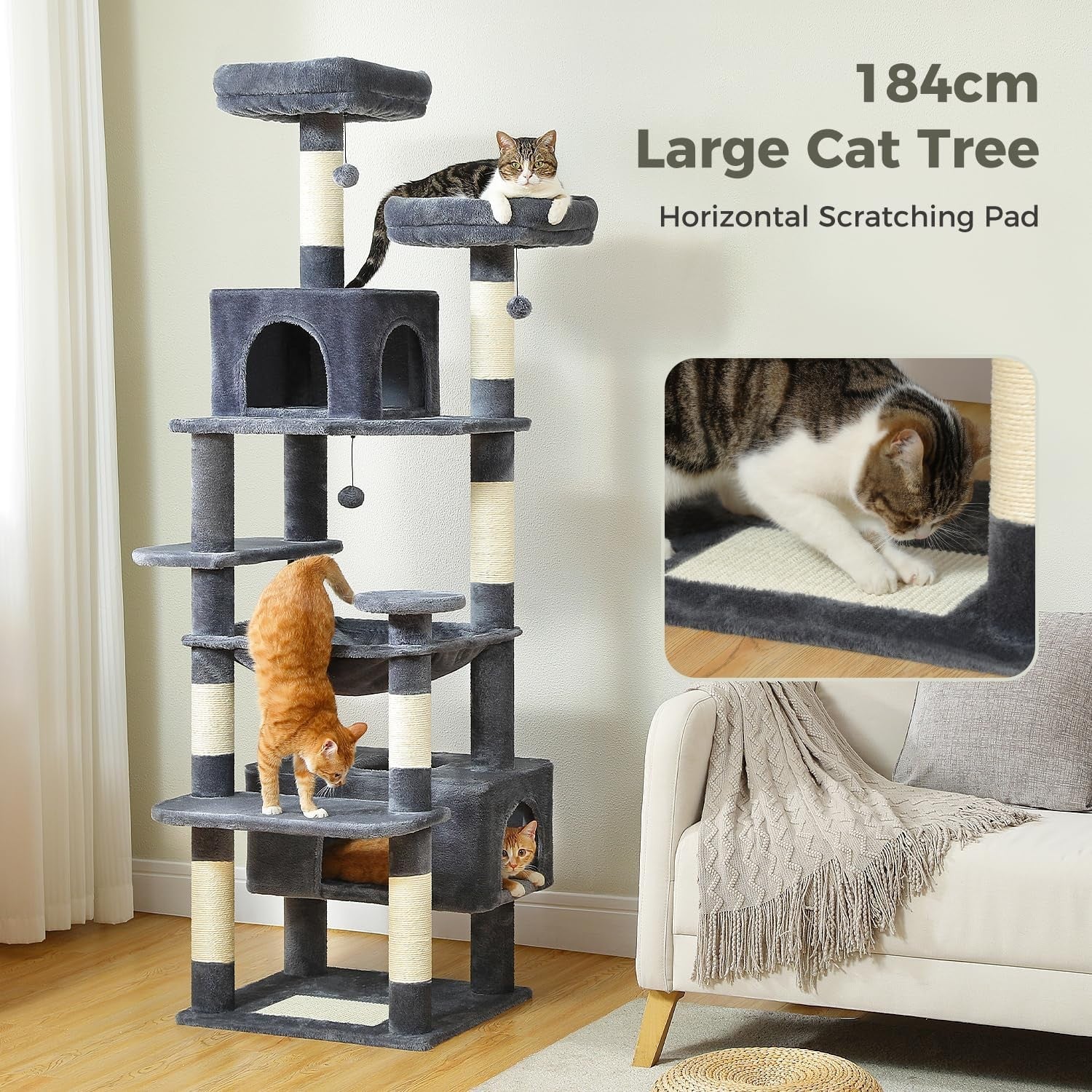 Large Cat Tree 184cm Extra Tall Multi Level Tower Dual Condos & Perches