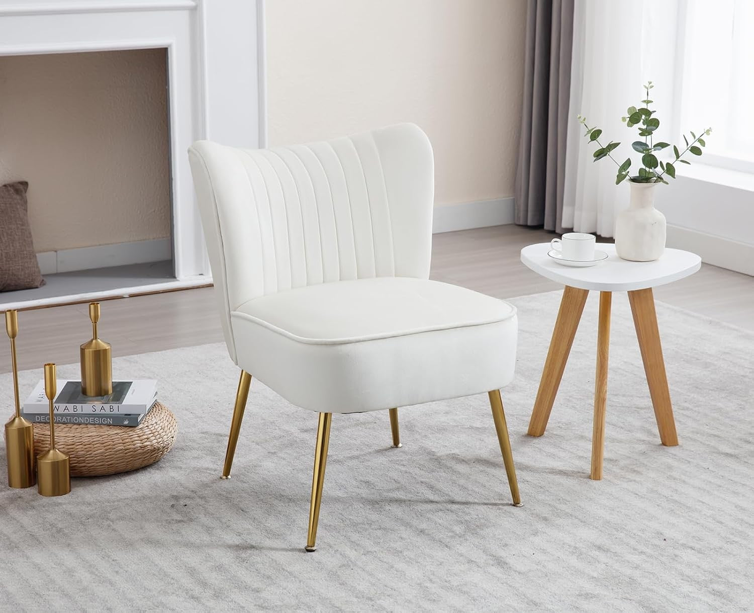 Beige Velvet Accent Chair Gold Metal Legs Lounge Side Seat