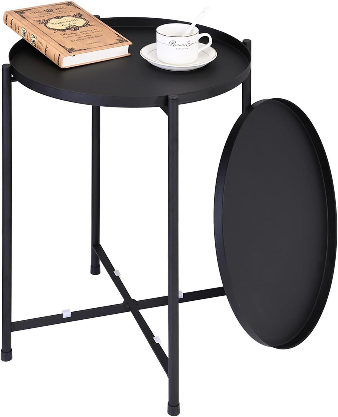 2-Tier Round Side Table with Removable Metal Tray, Sturdy Anti-Rust Coffee Table