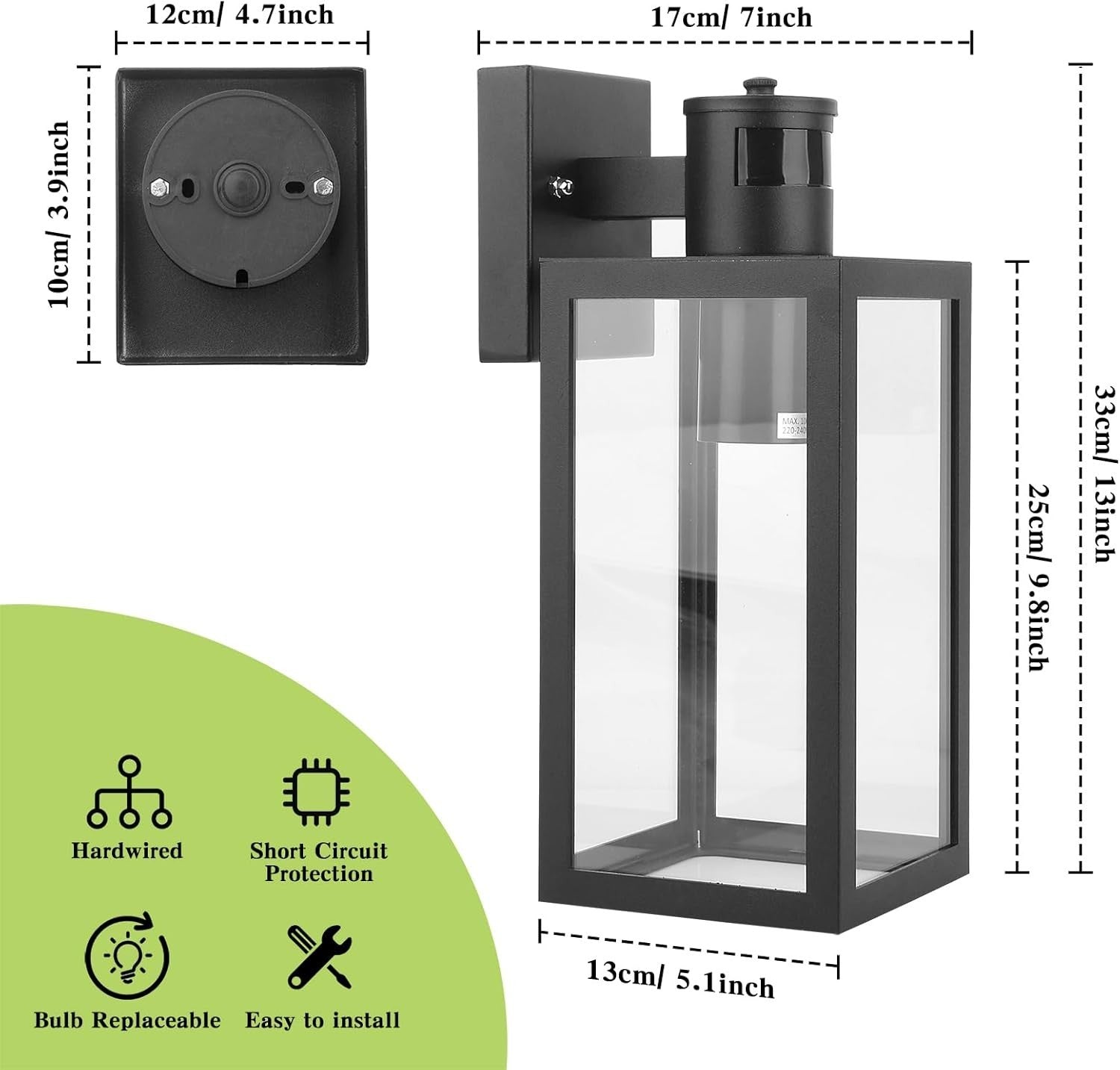 Waterproof Outdoor Wall Light PIR Sensor | 3-Mode E27 Porch Lantern Black