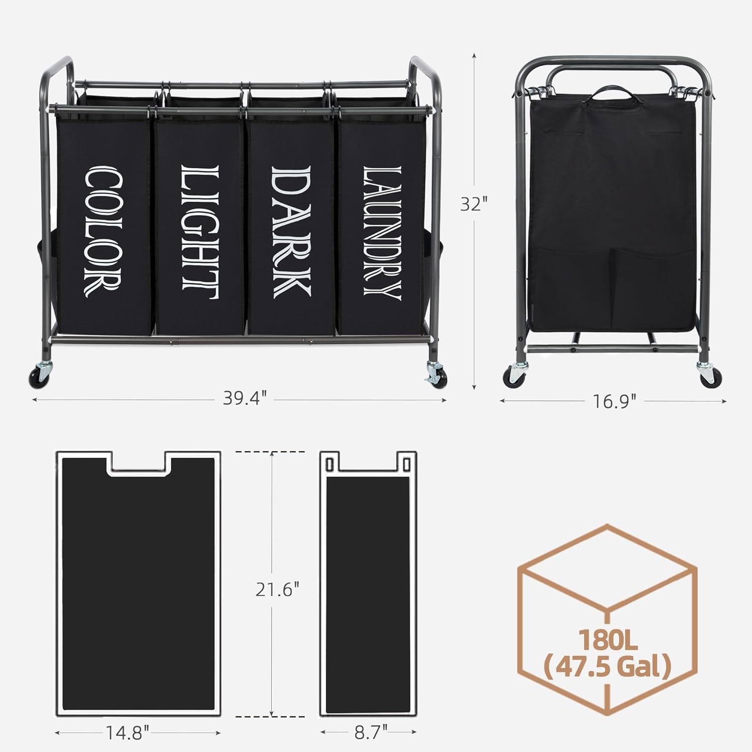 4 Section Laundry Sorter on Wheels with Removable Bags Large Rolling Hamper