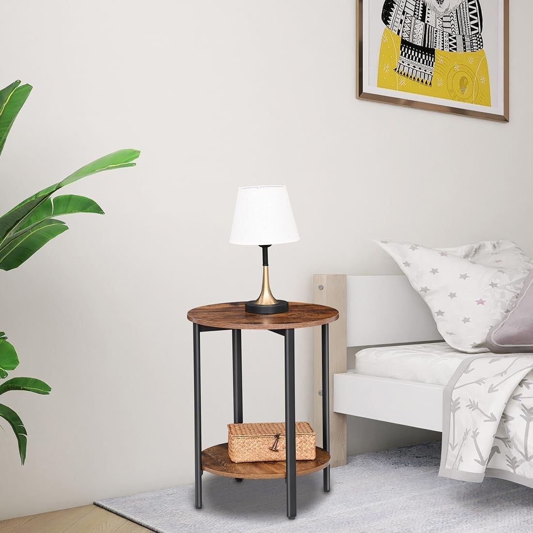 2-Tier Round Side Table with Storage, Rustic Brown Metal Frame End Table