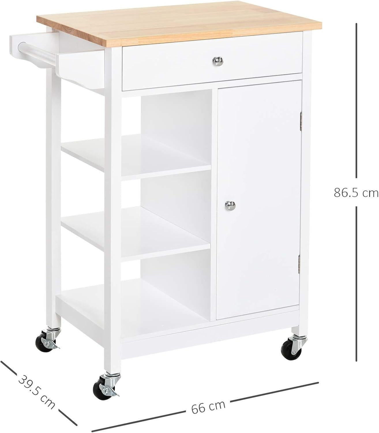 Kitchen Island Trolley on Wheels with Wood Top Cupboard Shelves White