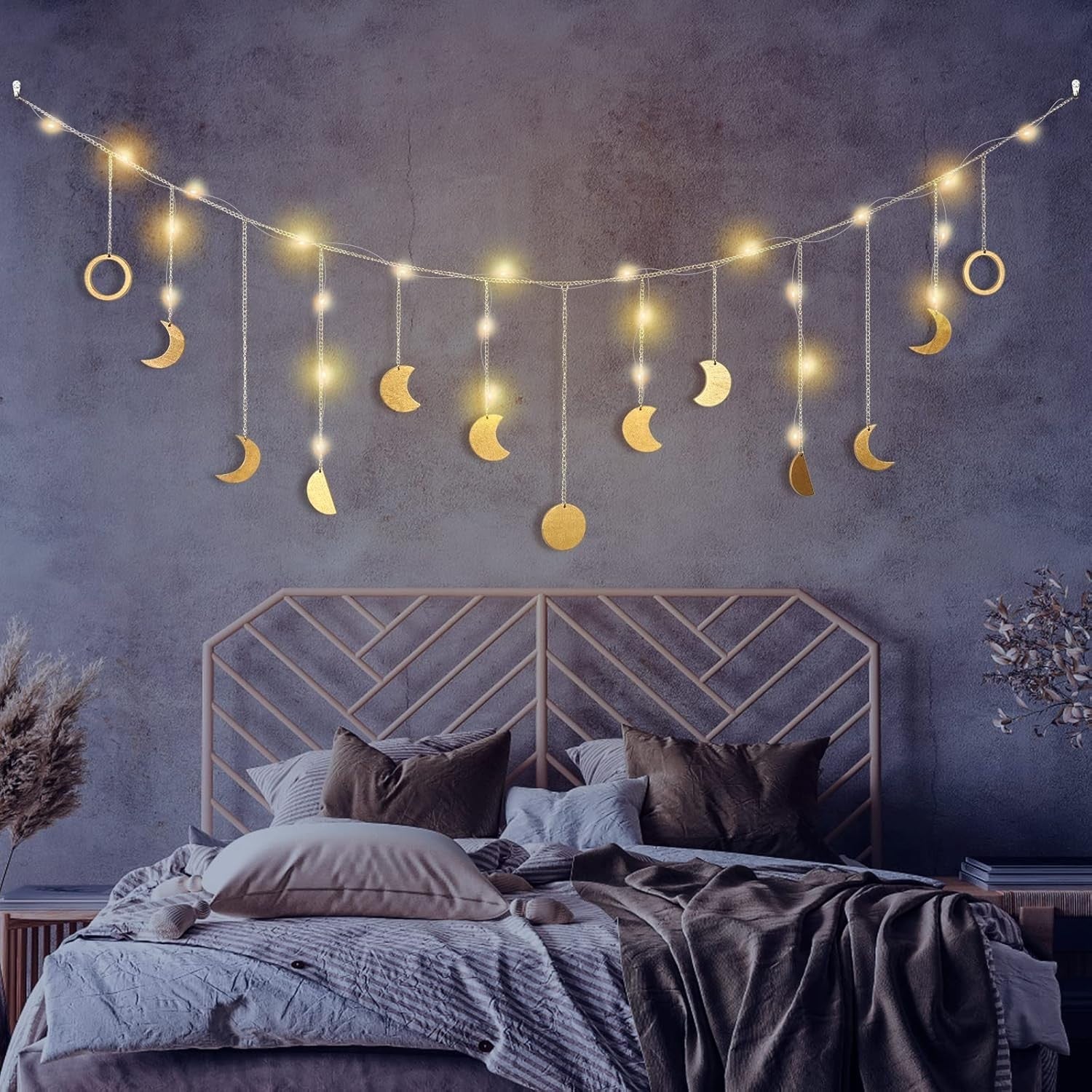 Boho Moon Phase Wall Hanging LED 13 Gold Moons 56in Decor