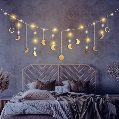 Boho Moon Phase Wall Hanging LED 13 Gold Moons 56in Decor