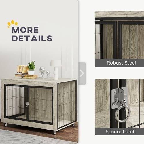 Modern Dog Crate Furniture with Wheels, Large Lockable Pet Cage Grey