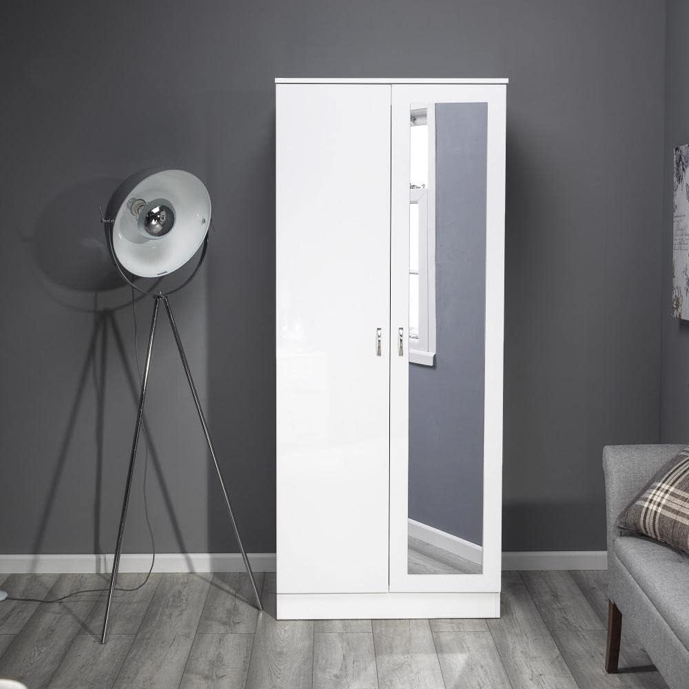 Modern 2-Door White Gloss Wardrobe with Full-Length Mirror & Scratch-Resistant