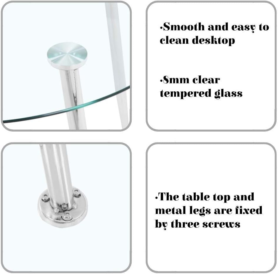 Round Silver Glass Dining Table 90x90x75cm Chrome Legs Modern Kitchen