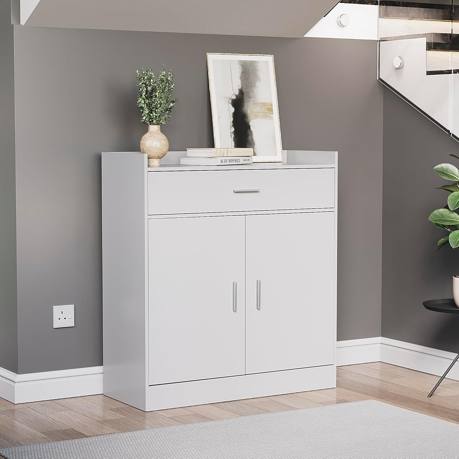 Modern White Shoe Cabinet 2 Door 1 Drawer Cupboard Hallway Storage Unit
