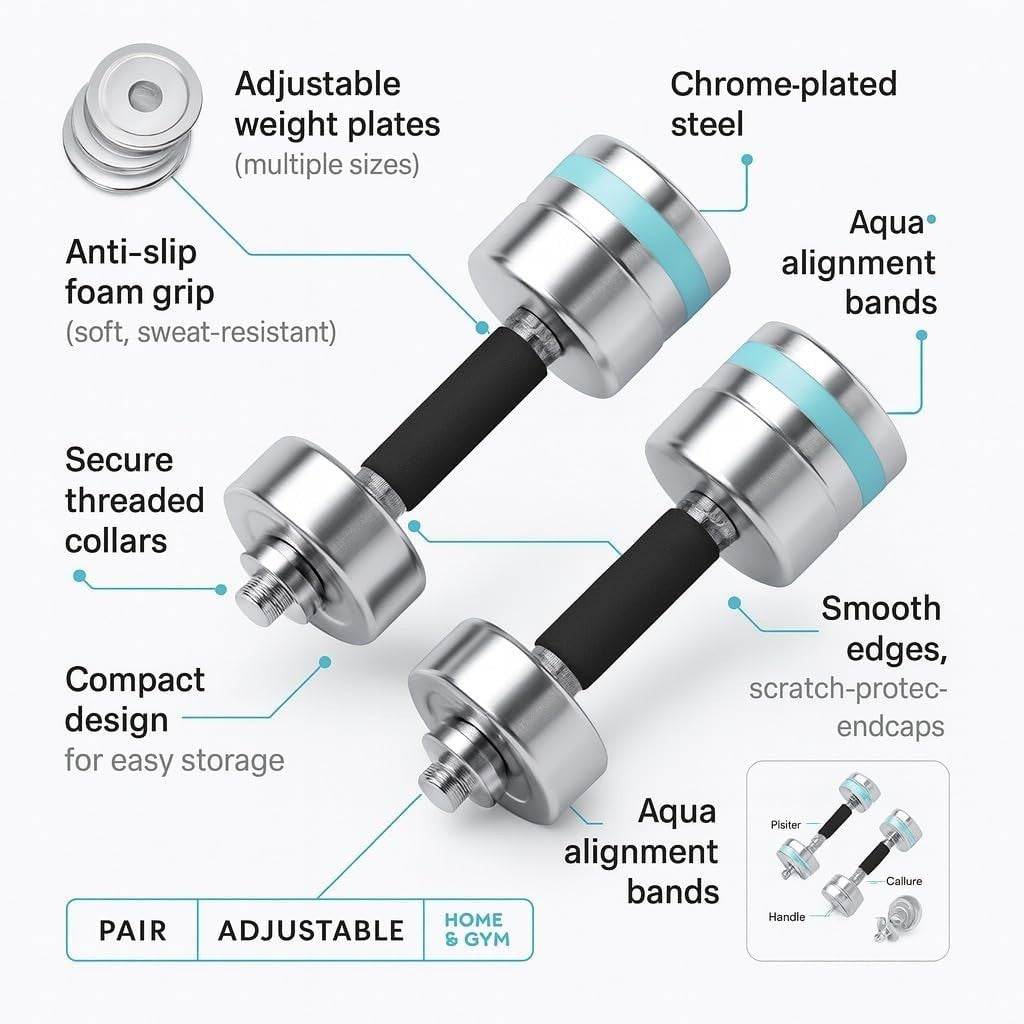 Chrome Adjustable Dumbbells Pair Foam Grip Compact Strength Training