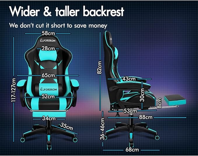 ELFORDSON Gaming Chair w/ 2-Point Massage Lumbar Cyan