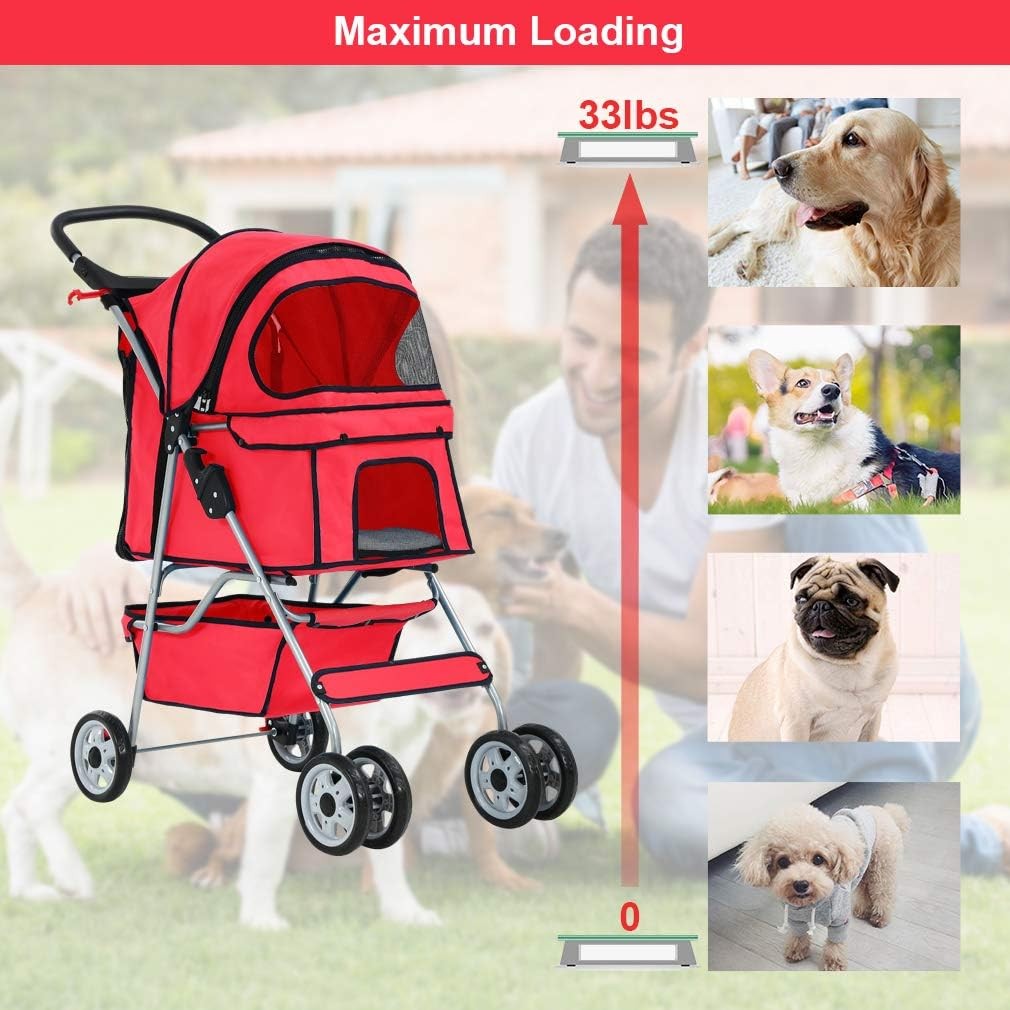 Pet Stroller Dog Cat Pushchair 4 Wheel Foldable Travel Carrier Mesh Red