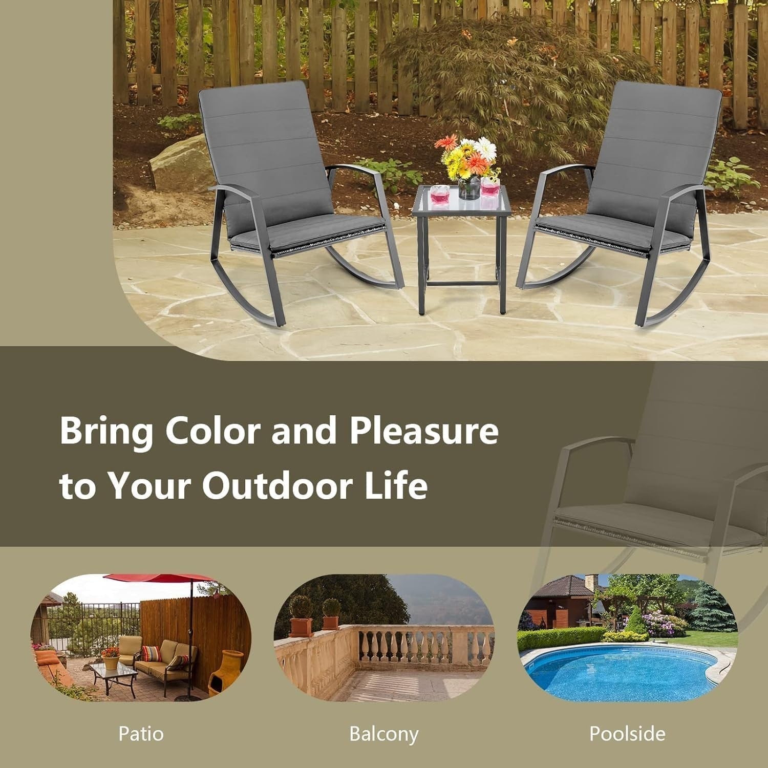 Patio Rocking Chair Bistro Set Cushioned Swing Seats Glass Side Table