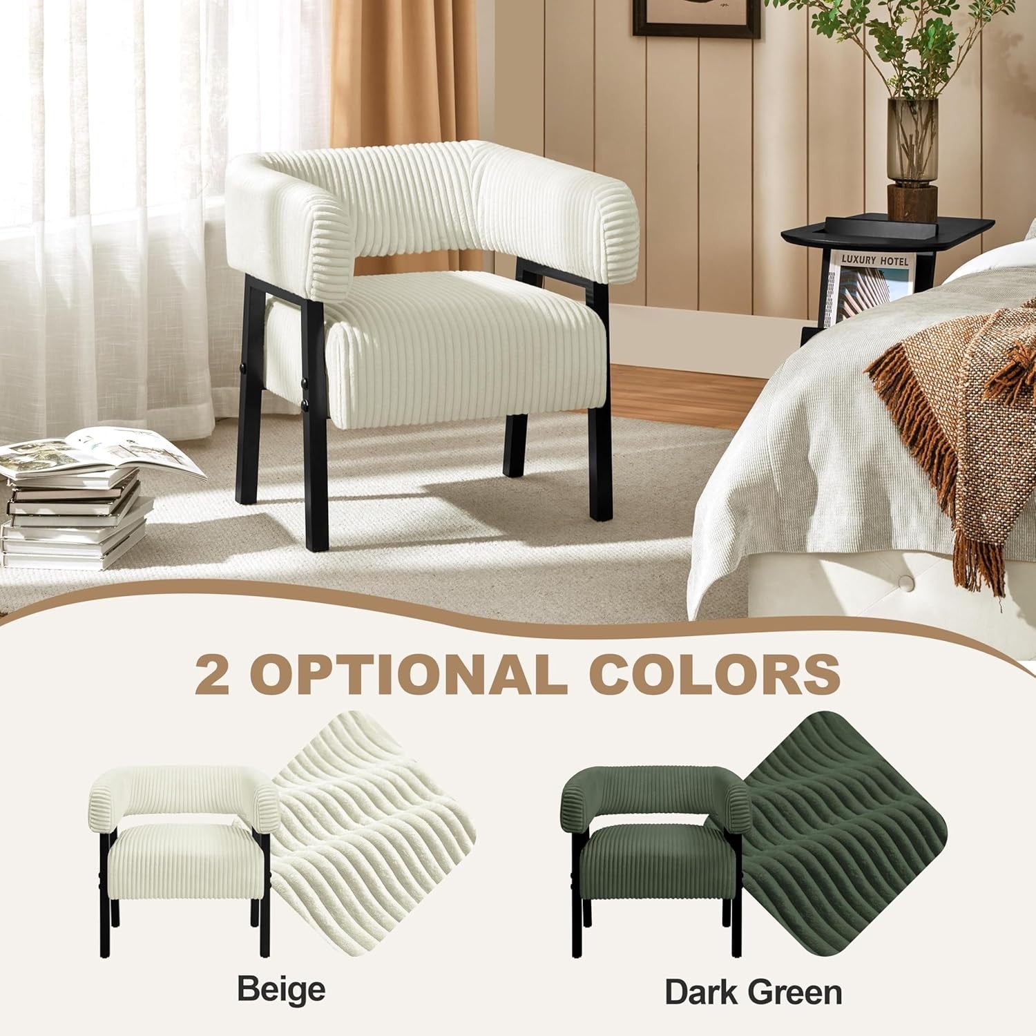 Corduroy Tub Chair Set of 2 Accent Armchairs with Pocket Beige