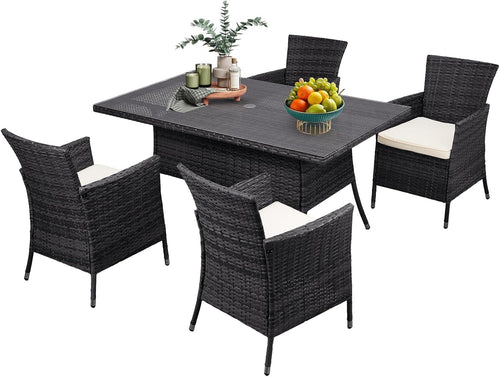 5pc Rattan Garden Dining Set w/ Cushions & 150cm Glass Table Patio