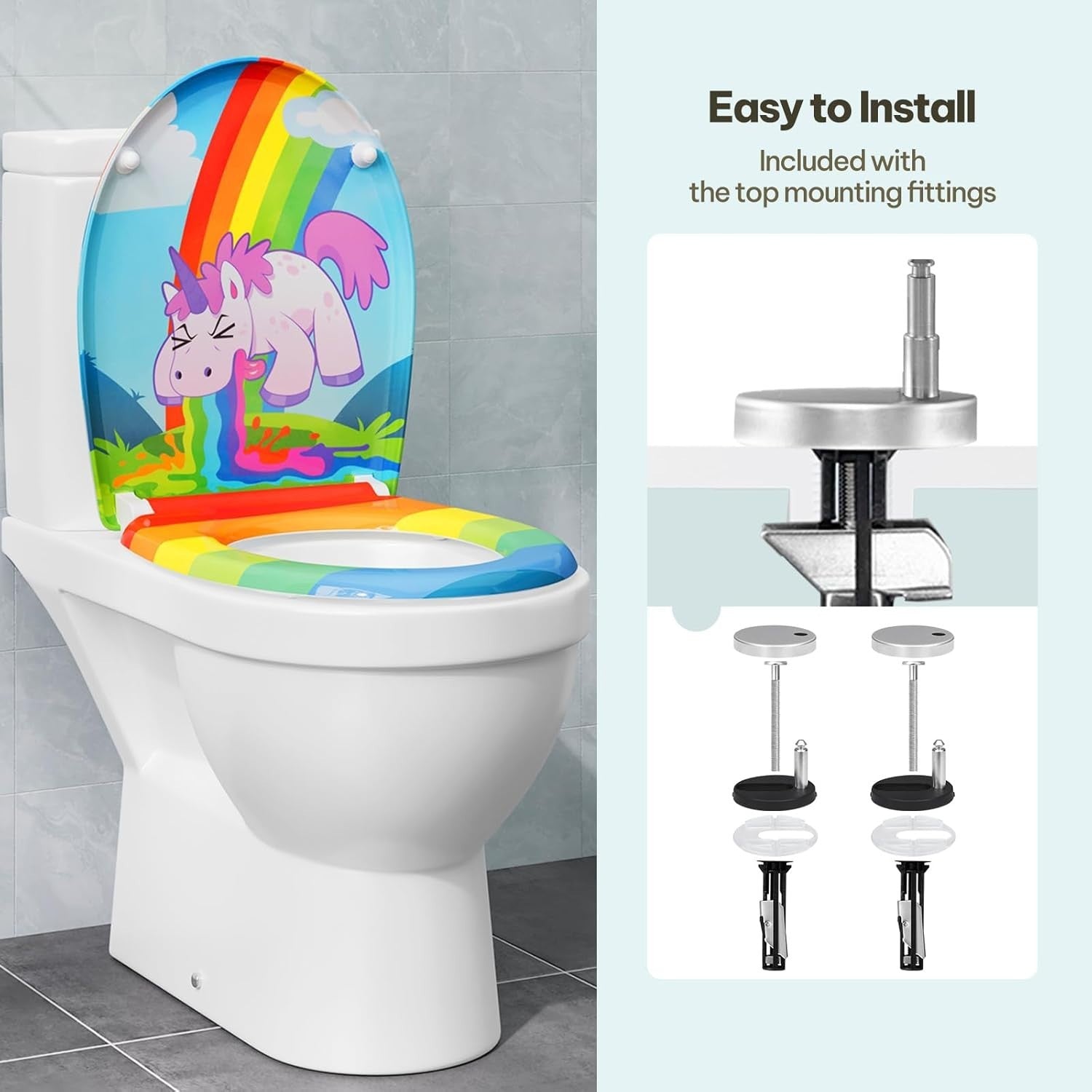Soft Close O-Shaped Toilet Seat Quick Release Duroplast Rainbow Unicorn Print