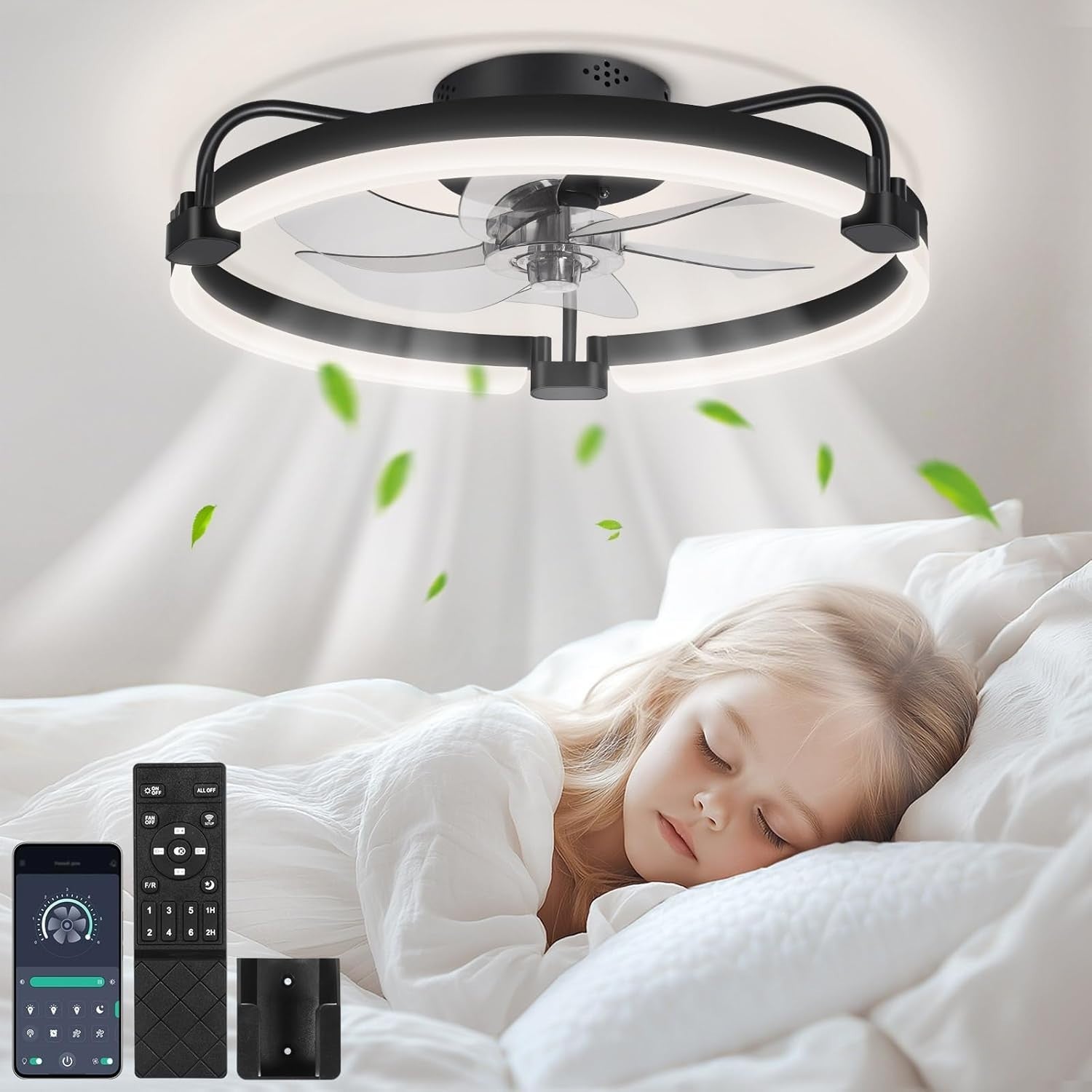 50CM Ceiling Fan with Light, 6-Speed, Remote, Reversible, Black, LED