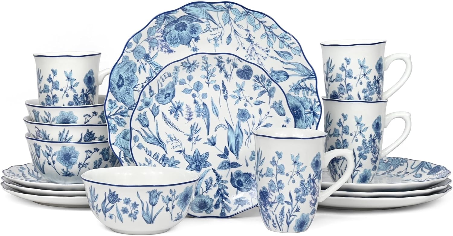16pc Porcelain Dinnerware Set Blue Floral Plates Bowls Mugs Dishwasher Safe