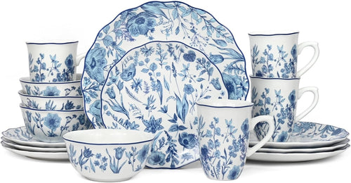 16pc Porcelain Dinnerware Set Blue Floral Plates Bowls Mugs Dishwasher Safe