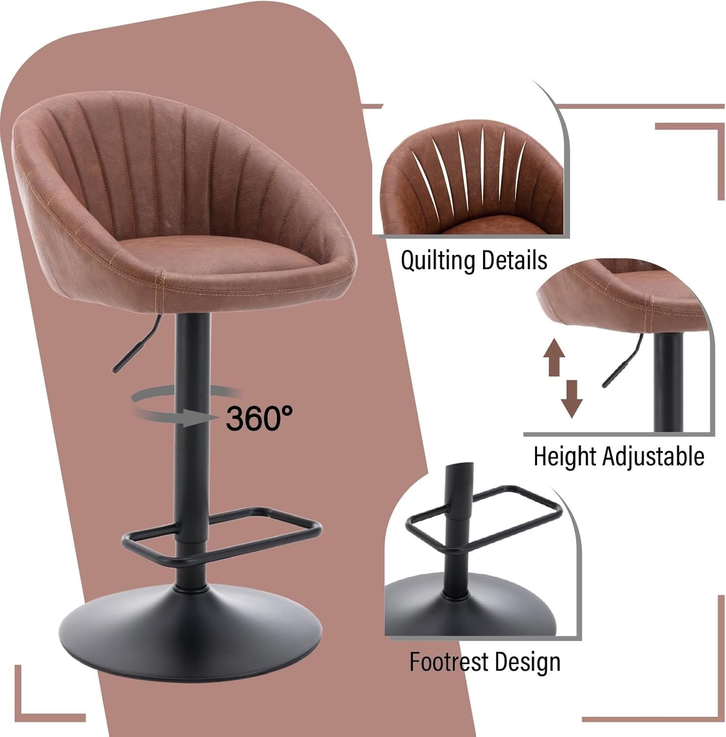 Bar Stools Set of 2 PU Brown L-Shaped Adjustable PU Counter Chairs