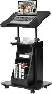 Height Adjustable Overbed Laptop Table with Storage Cabinet on Wheels Black
