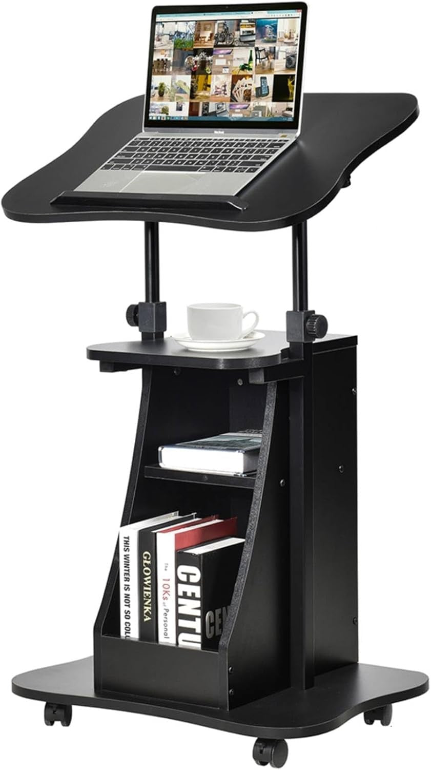 Height Adjustable Overbed Laptop Table with Storage Cabinet on Wheels Black