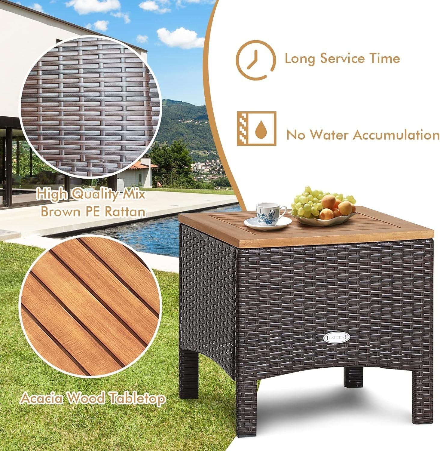 3-Piece Outdoor Rattan Sofa Set with Cushions & Acacia Wood Table Patio Garden