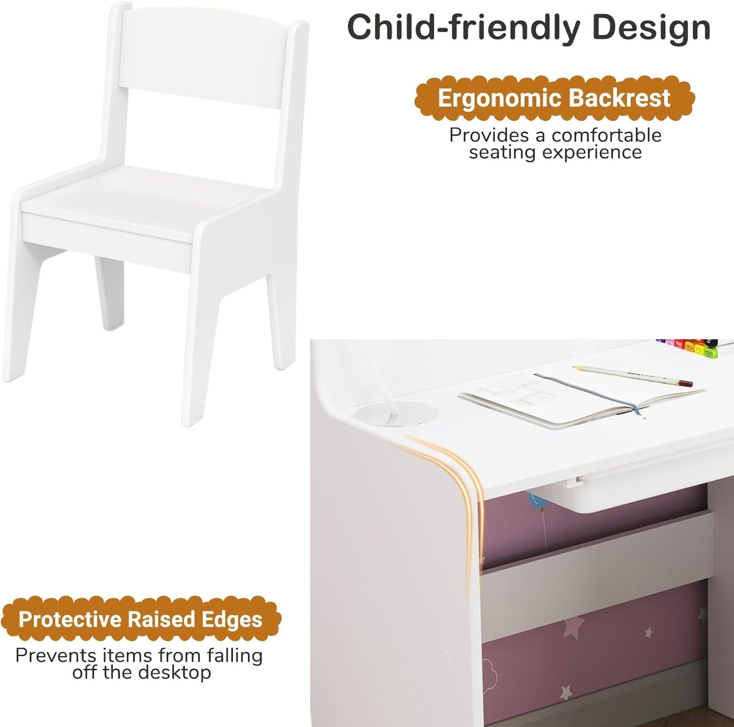 Kids Wooden Desk and Chair Set w/ Drawer Shelves Storage Bin Study Table White