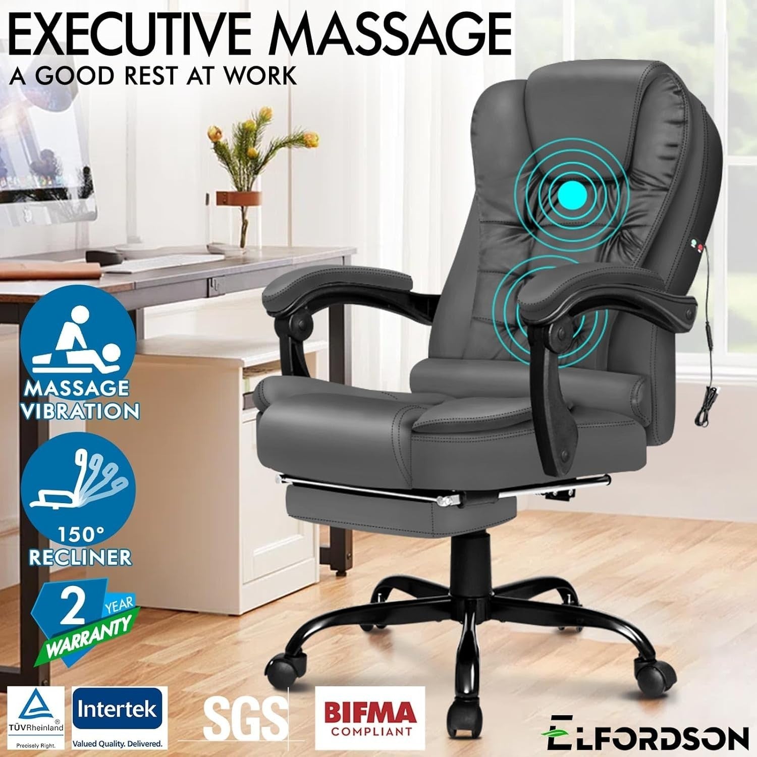 Grey Massage Office Chair Recliner Footrest Ergonomic PU Leather Heavy Duty