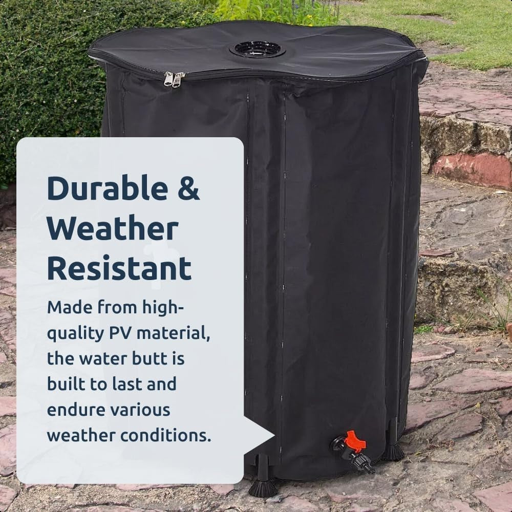 500L Collapsible Garden Water Butt with Tap, Lid & Hose Connector – Black