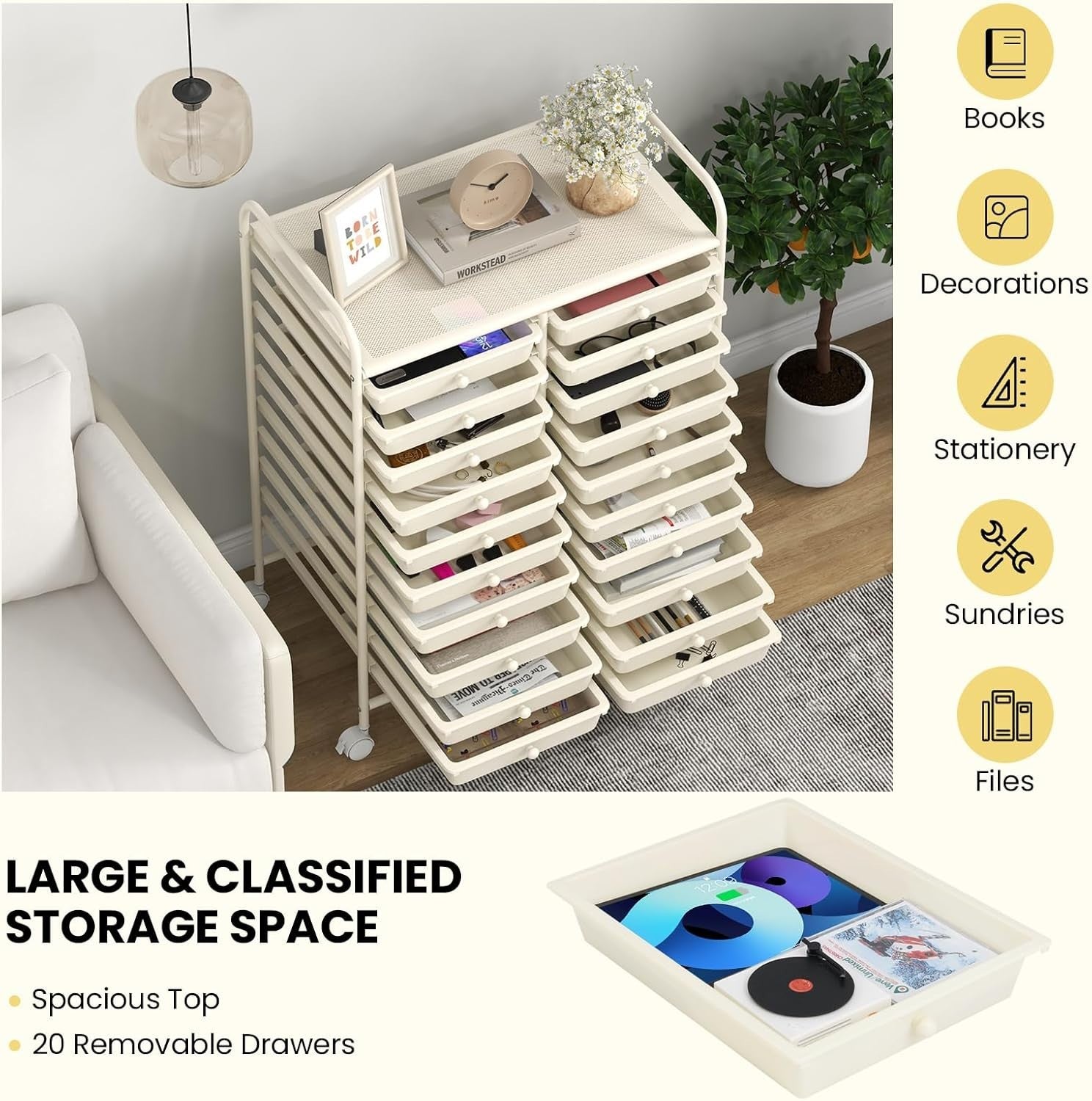 20 Drawer Rolling Storage Trolley Mobile Organiser Cart with Wheels