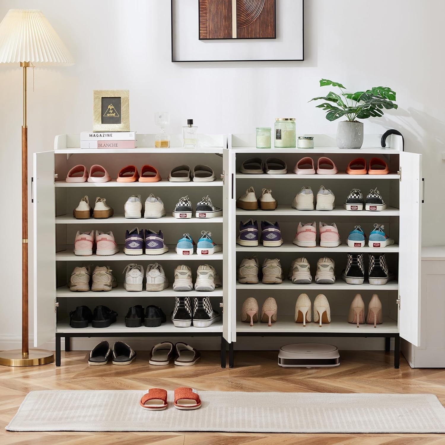 Modern White Shoe Cabinet with 5 Adjustable Shelves, Anti-Tip Safety, 68x37x100c