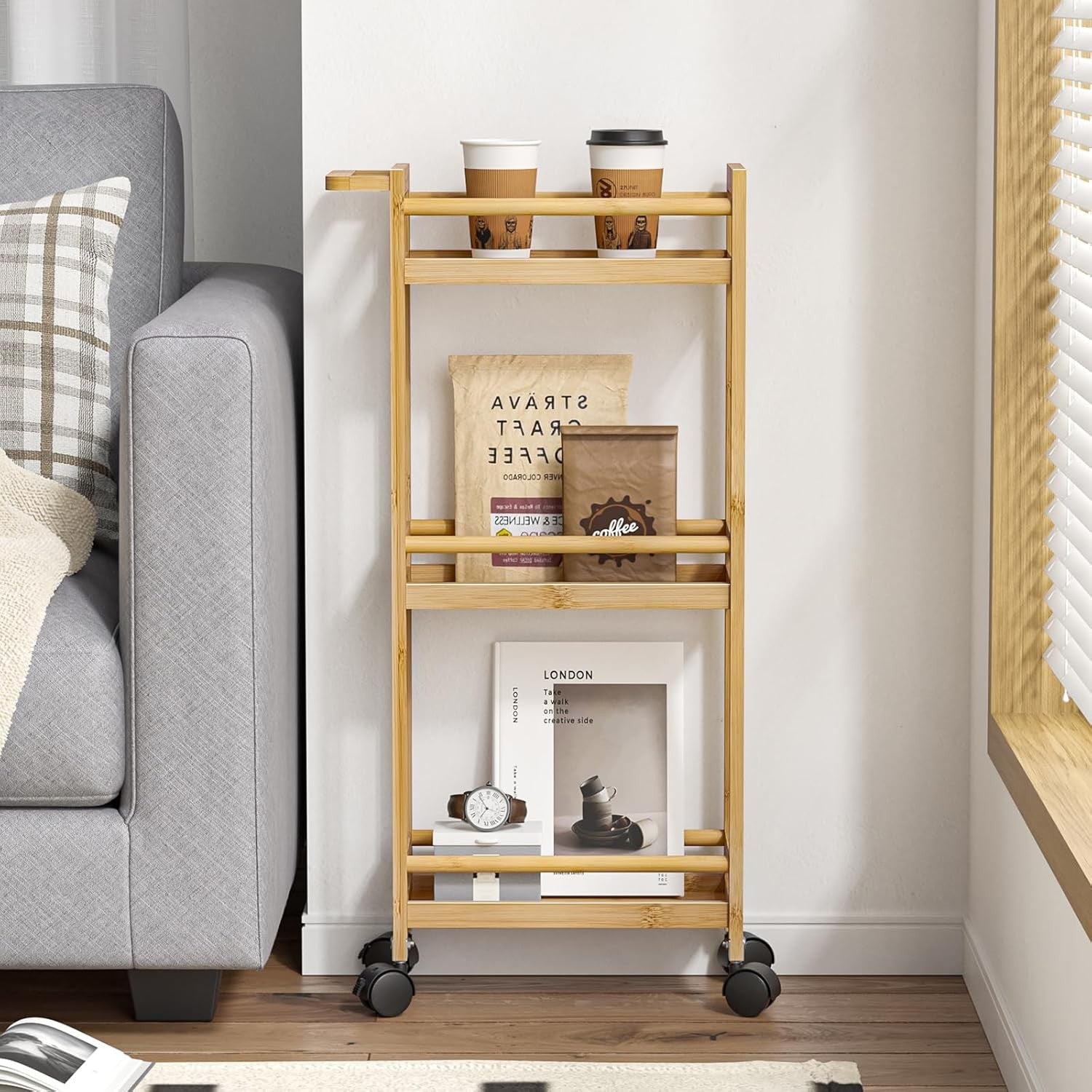 Bamboo 3 Tier Rolling Kitchen Trolley Cart with Wheels Storage Shelf