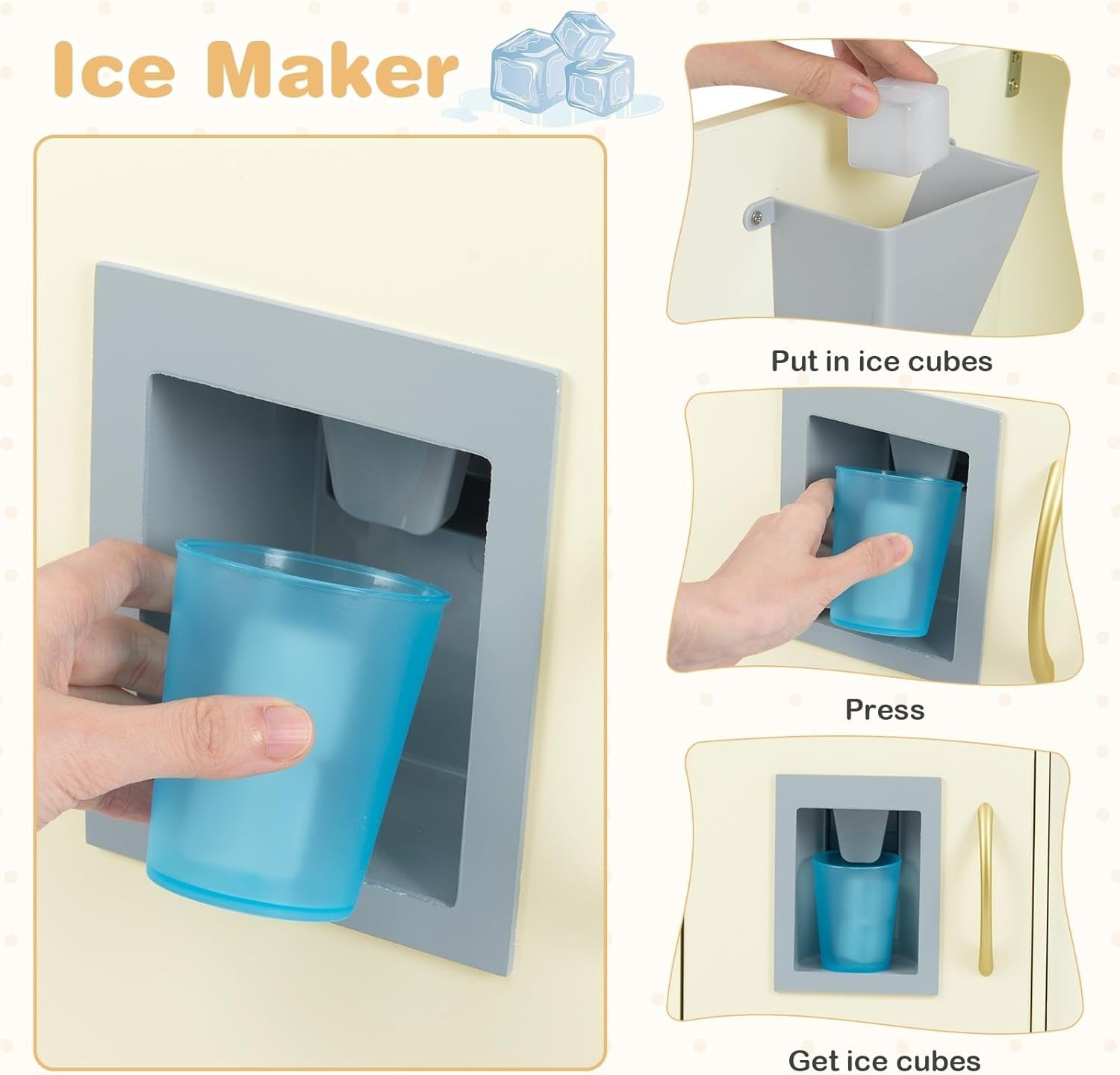 Wooden Kids Play Kitchen Beige w/ Chalkboard Ice Maker Microwave