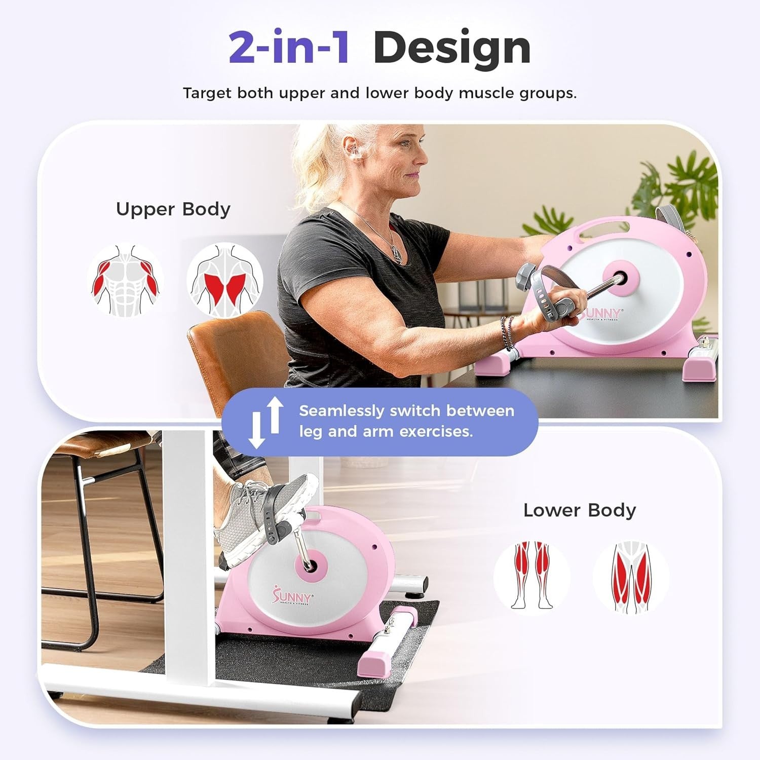 Under Desk Pedal Exerciser Arm & Leg Trainer Quiet LCD Pink