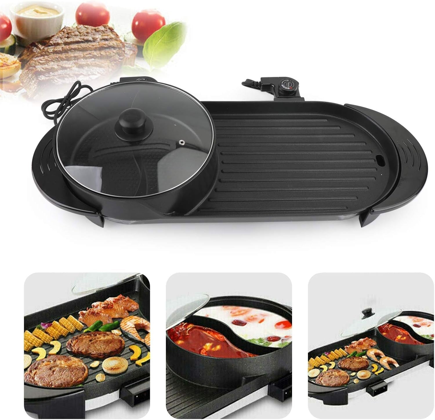 2 in 1 Electric Hot Pot & Grill Non-Stick Teppanyaki BBQ Pan Adjustable Heat