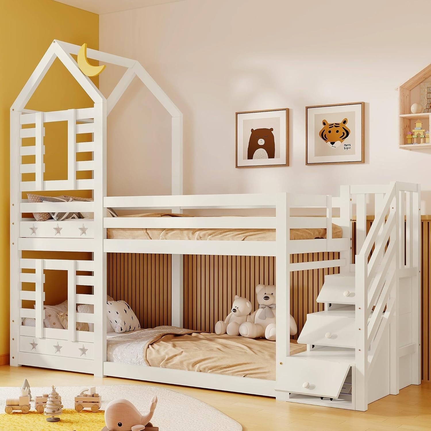 Kids Pine Bunk Bed with Stairs, Storage, Cabin Style Twin Sleeper 190x90cm